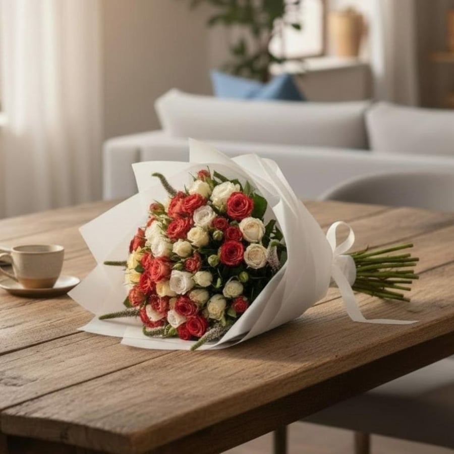 باقة ورد طبيعي ناعمة من البيبي روز والفيرونيكا بتصميم بسيط
