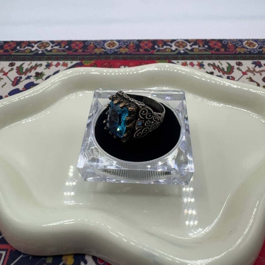 خاتم فضة رجالي - حجر أكوامارين طبيعي (Aquamarine) - صياغة تركية ملكية