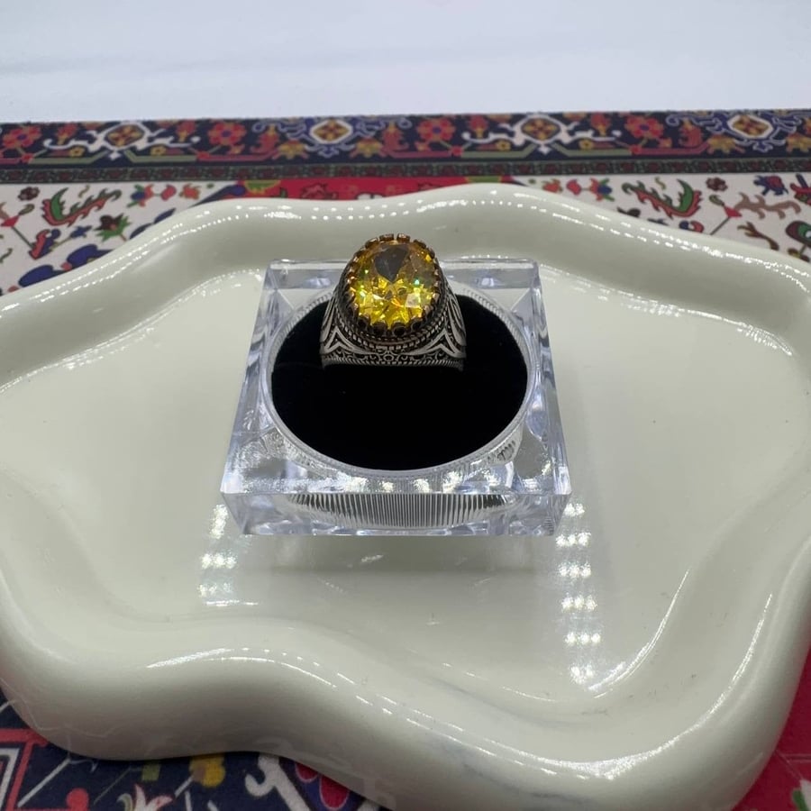 خاتم فضة رجالي - حجر سيترين طبيعي - صياغة تركية بنقوش انسيابية