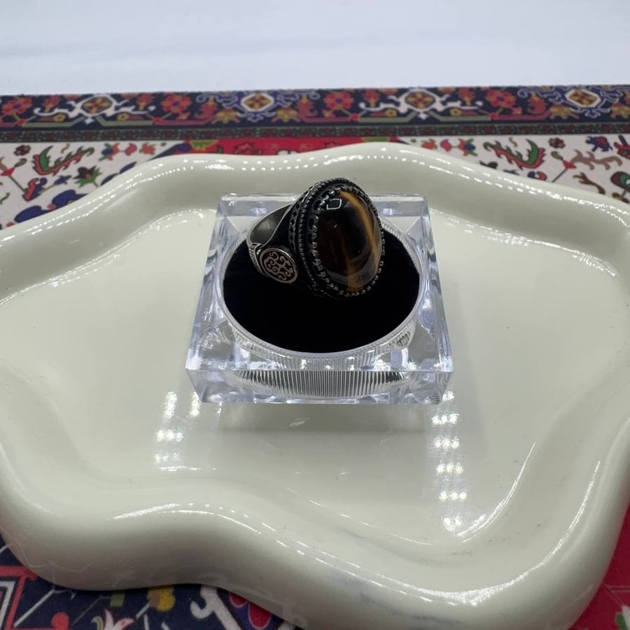 خاتم فضة رجالي - حجر أوبال طبيعي (عين النمر) - صياغة تركية مزخرفة