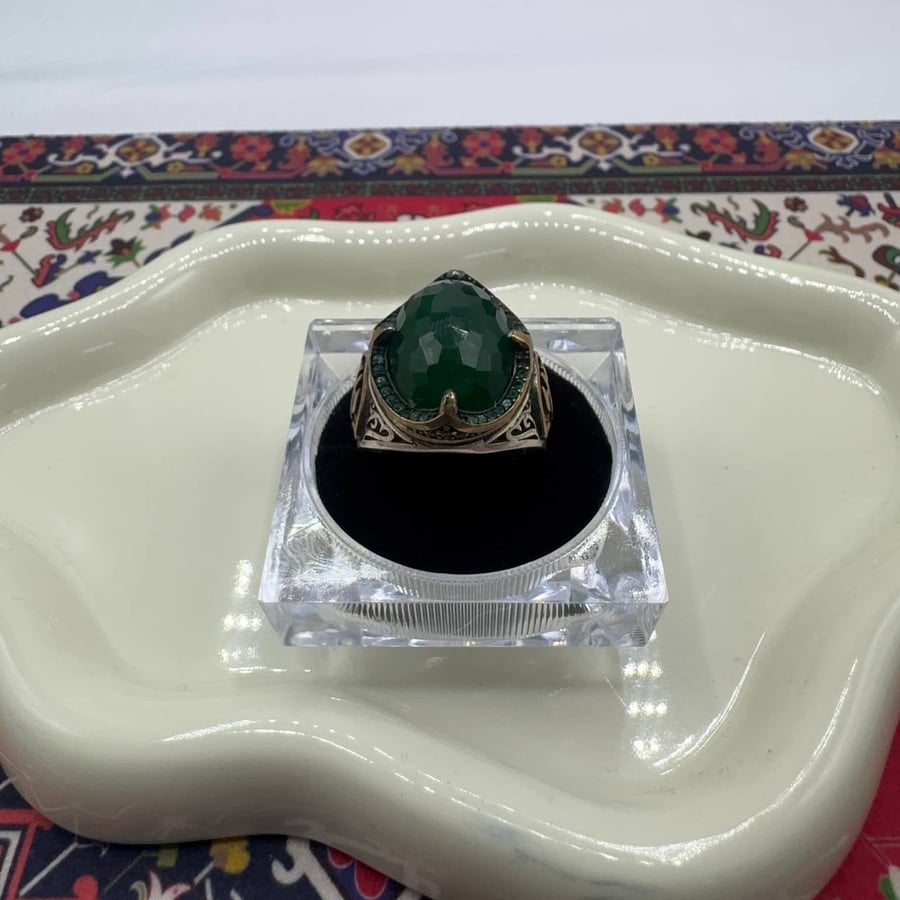 خاتم فضة رجالي - حجر درّ طبيعي (أبيض شفاف) - صياغة تركية يدوية فاخرة