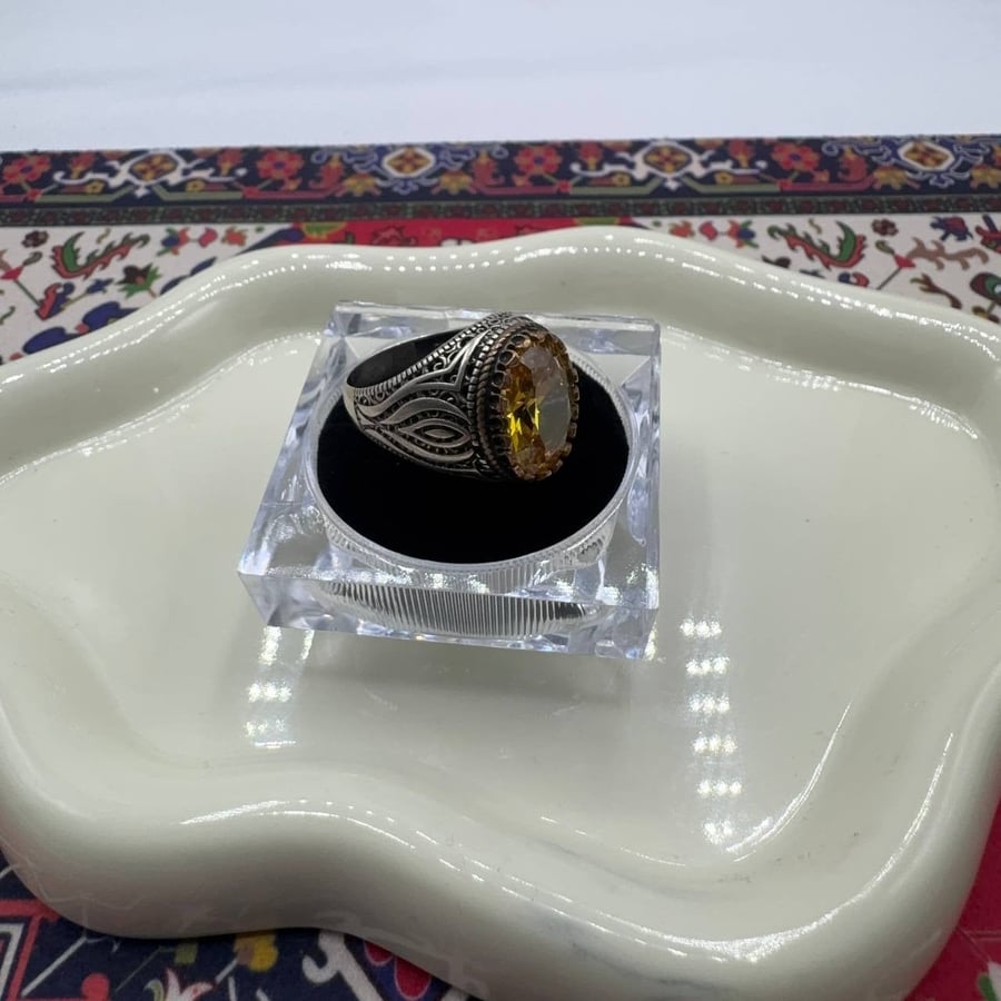خاتم فضة رجالي - حجر سيترين طبيعي - صياغة تركية بنقوش انسيابية