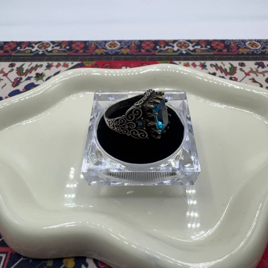 خاتم فضة رجالي - حجر أكوامارين طبيعي (Aquamarine) - صياغة تركية ملكية