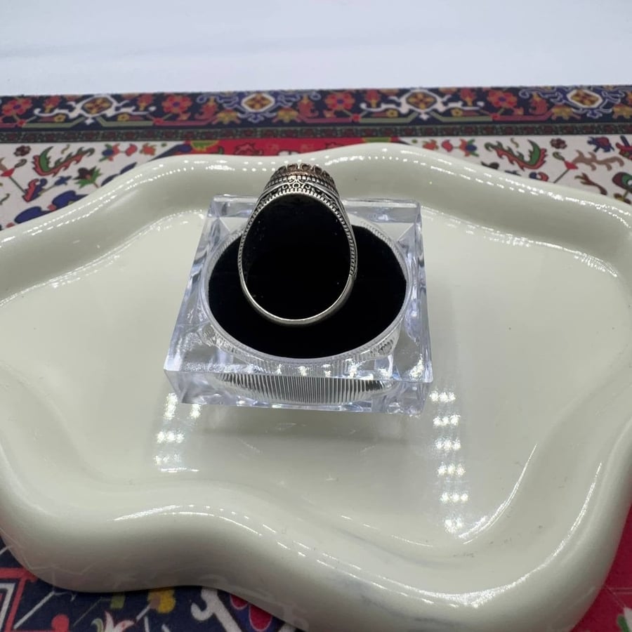 خاتم فضة رجالي - حجر سيترين طبيعي - صياغة تركية بنقوش انسيابية