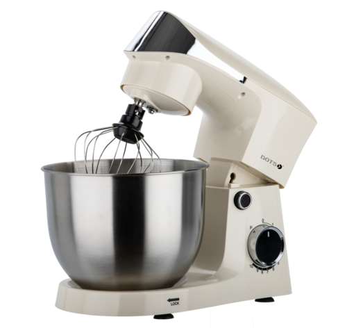 Dots Stand Mixer 5.0 Liter, Stainless Bowl, 800 Watts, 10 Speeds + Pulse, Hook, Racket, Whisk, Safety Lock, Cream Color FMS103P52