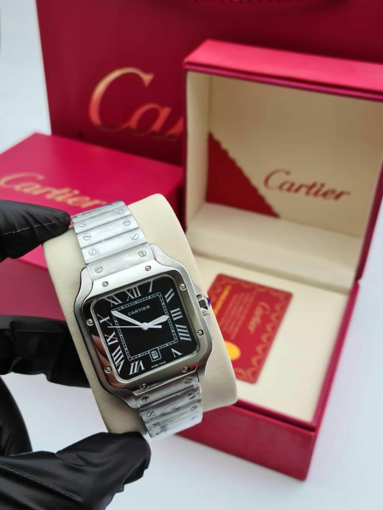 ساعه سانتوس دي كارتير لون فضي ميناء اسود Santos de Cartier