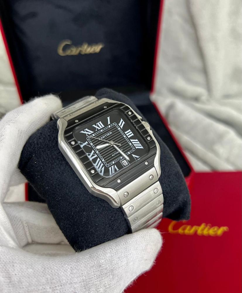 ساعه سانتوس دي كارتير 41mm لون فضي ميناء اسود رجالي Santos de cartier 41 mm with Dial Men's Watch