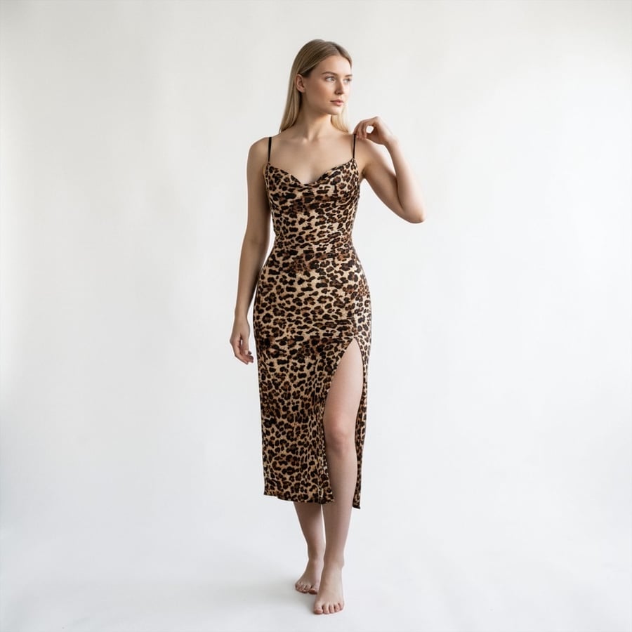 Leopard print viscose lingerie, shiny and soft, with a tiger pattern.