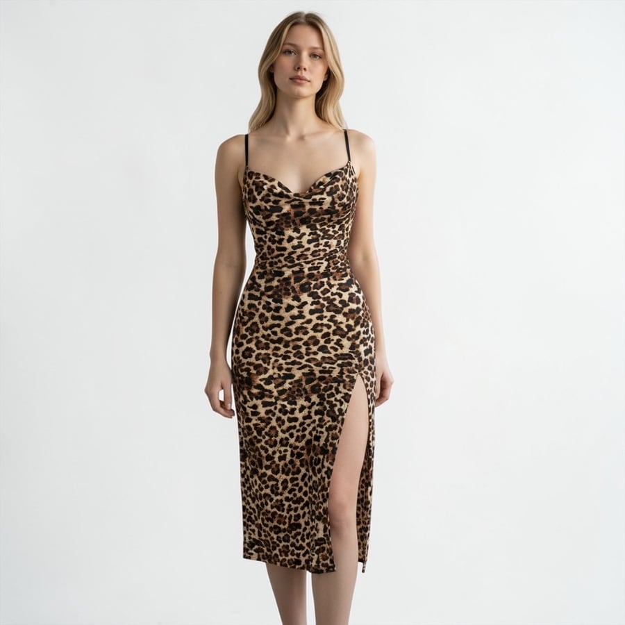 Leopard print viscose lingerie, shiny and soft, with a tiger pattern.