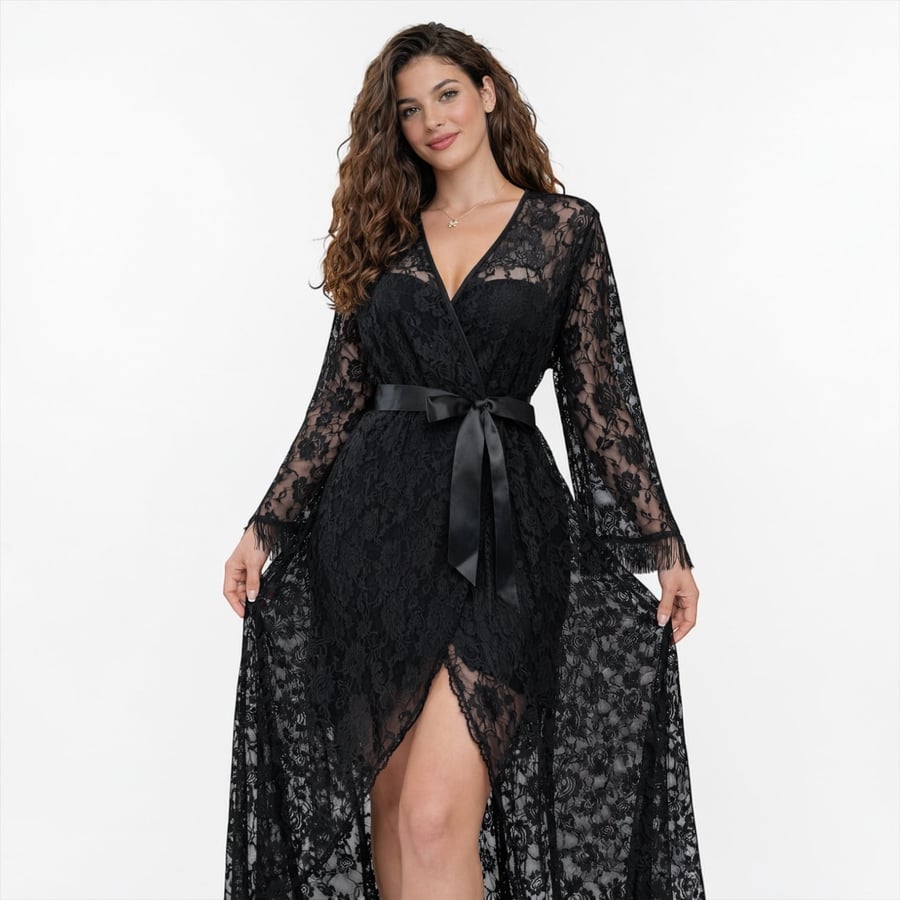 Lace robe with a soft satin belt and a rose pattern