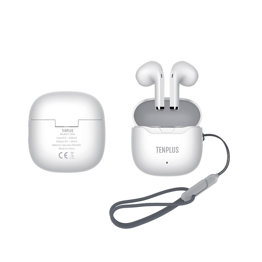 TenPlus wireless Bluetooth earbuds in white with charging case and box