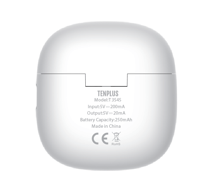 TenPlus wireless Bluetooth earbuds in white with charging case and box
