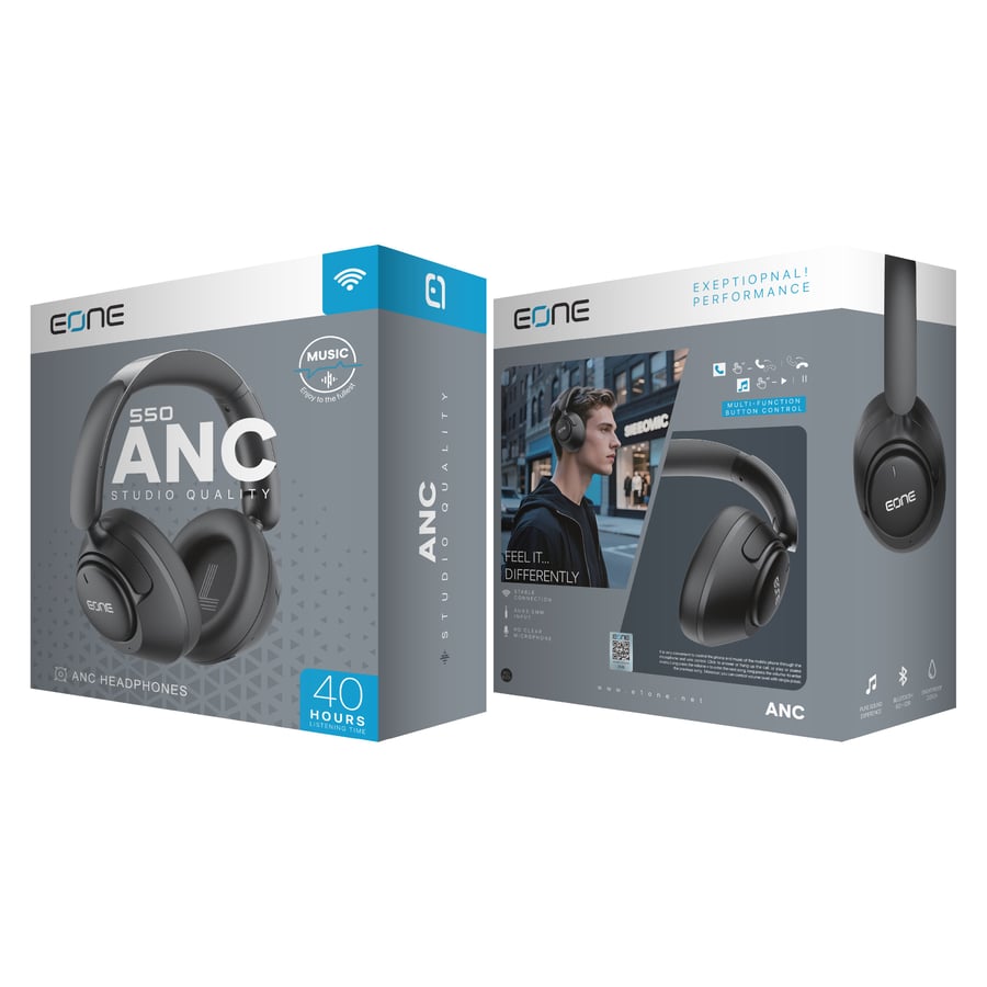 إي ون EONE 550 سماعة رأس بلوتوث بتقنية ANC عزل ضوضاء ونقاء استوديو تدوم حتى 40 ساعة - أسود