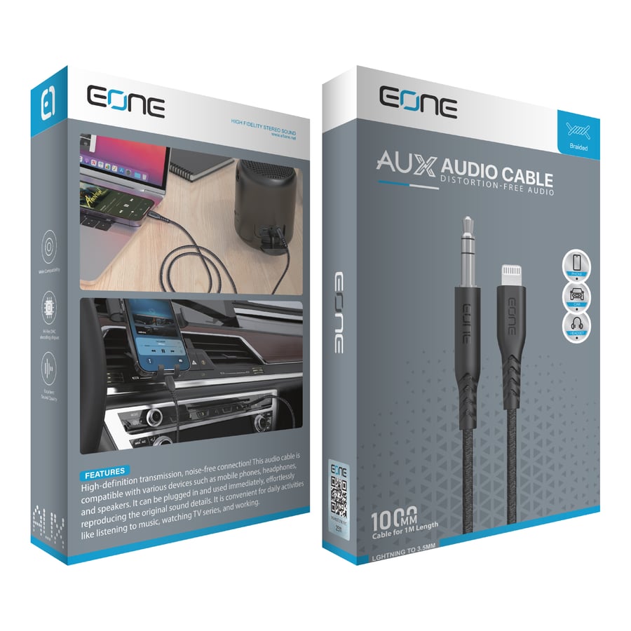 eOne Lightning to AUX Audio Cable - Hi-Fi Sound Quality - Black