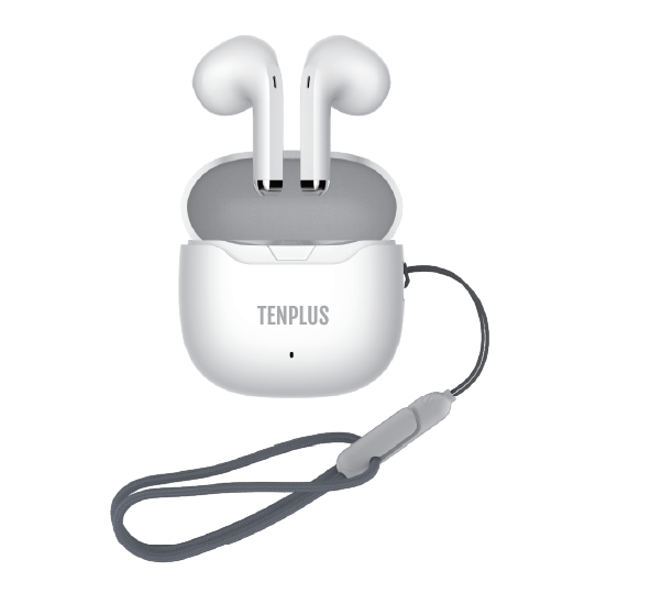 TenPlus wireless Bluetooth earbuds in white with charging case and box