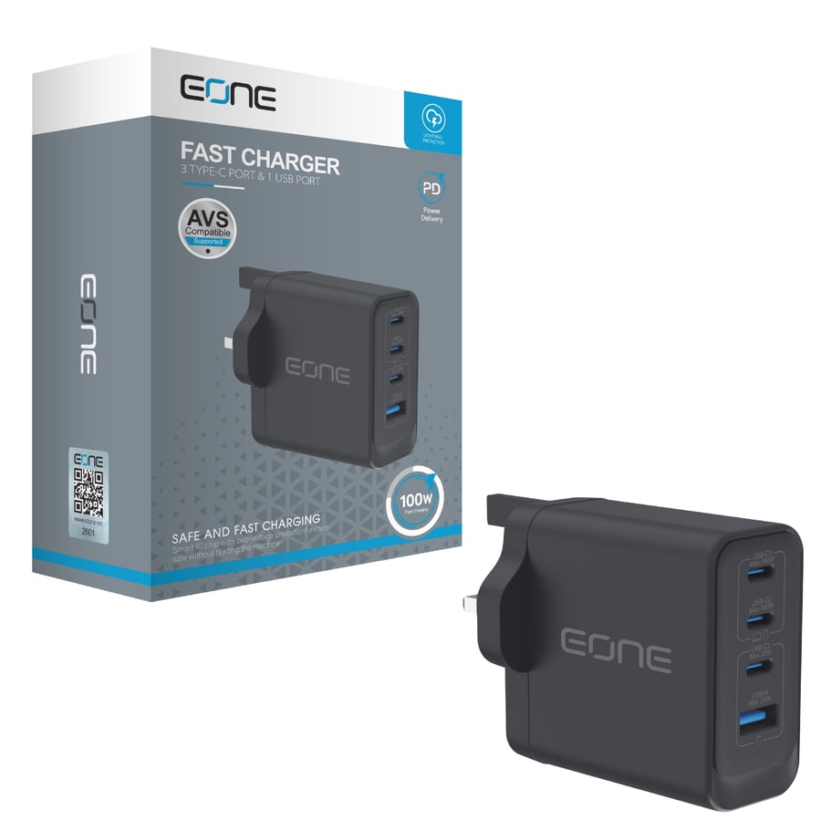 eOne EONE 100W 4 Port (3 Type-C & 1 USB) PD Wall Charger Head - Black