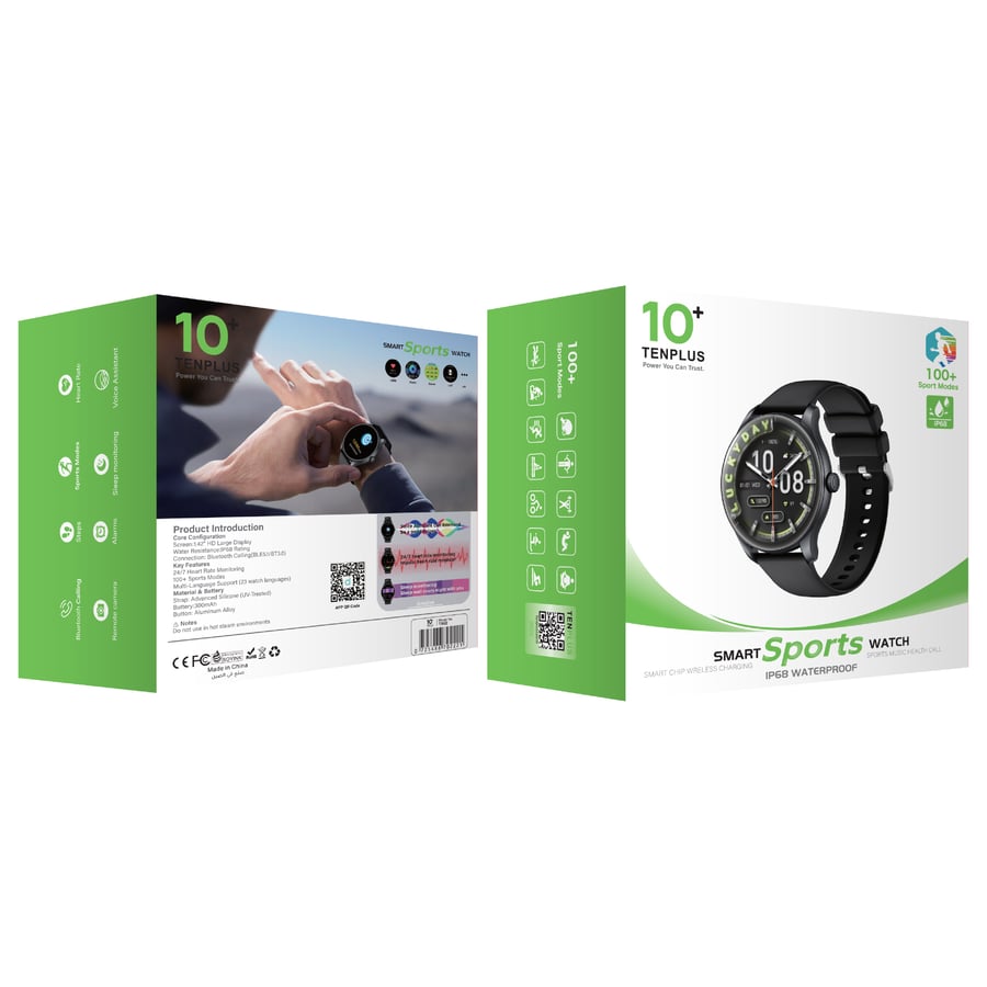TenPlus smart sports watch with Bluetooth calling in black with box