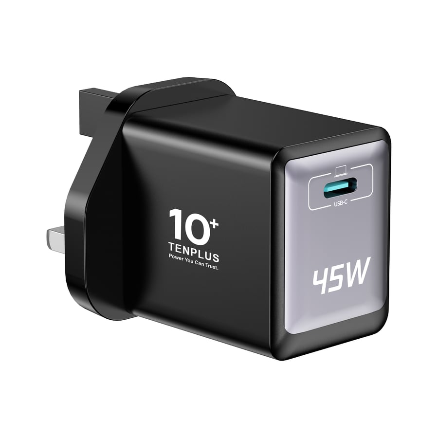 TenPlus 45W USB-C GaN wall charger in black