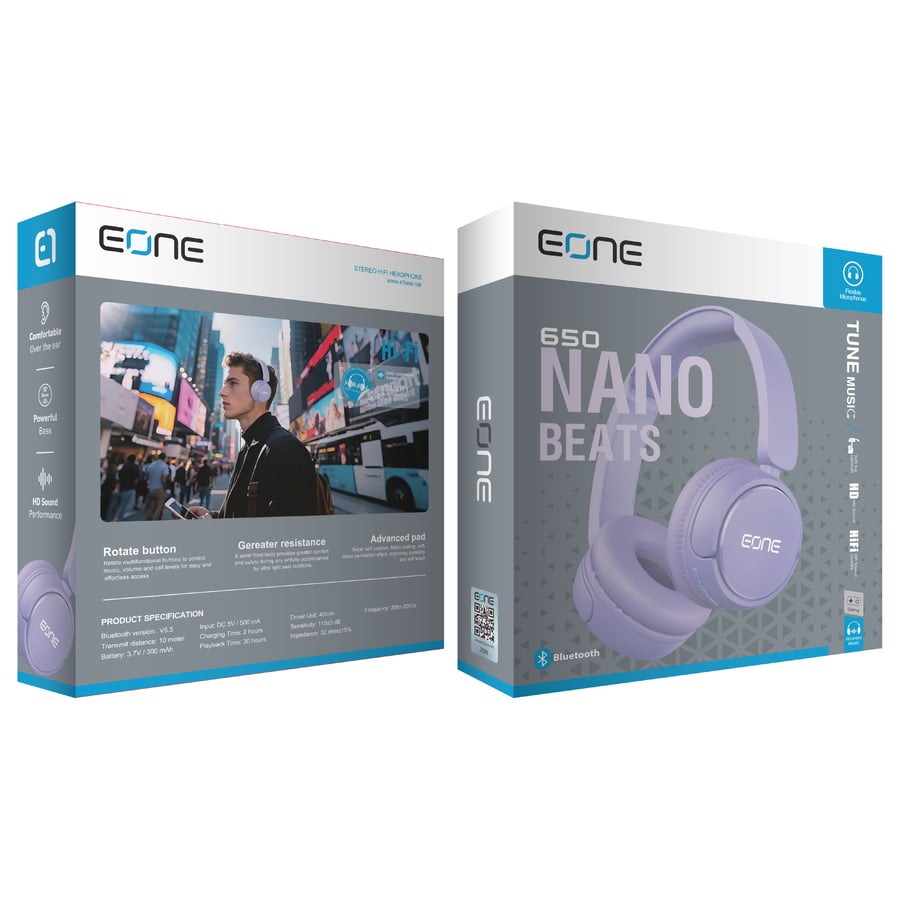 إي ون EONE Nano Beats سماعة رأس بلوتوث تدوم حتى 30 ساعة - بنفسجي