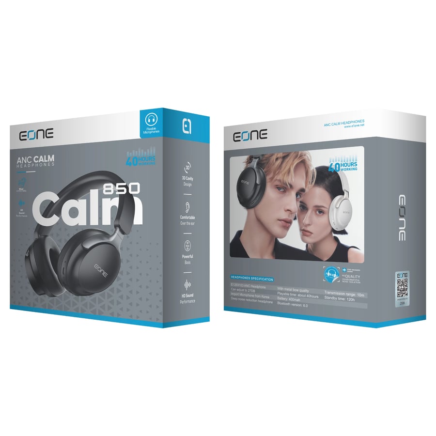 إي ون EONE CALM 850 سماعة رأس بلوتوث بتقنية ANC عزل ضوضاء ونقاء استوديو تدوم حتى 40 ساعة - أسود