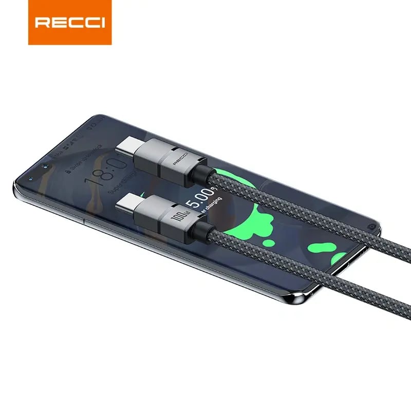 ريسي كيبل شحن سريع مجدول 2 متر Type-C 100W و Lightning 30W - رمادي