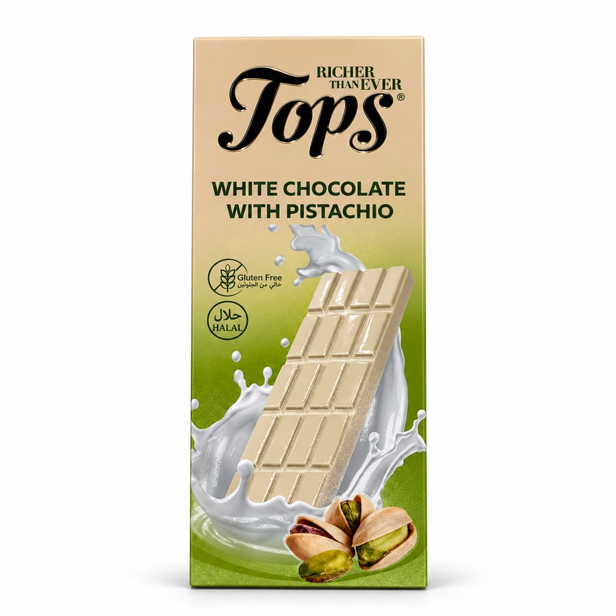 توبس شوكولاته بيضاء بالفسدق الحلبي 100 جرام - Tops White Chocolate with Pistachio 100g