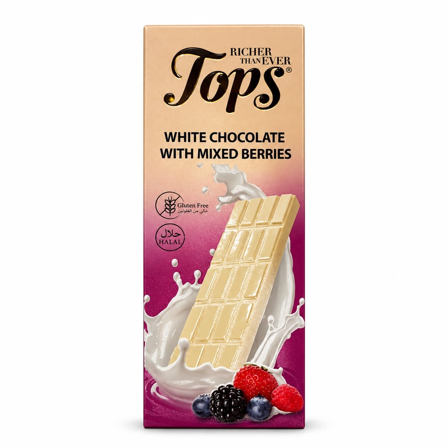 توبس شوكولاته بيضاء بالفراولة والتوت المشكل 100 جرام - Tops White Chocolate with Strawberry & Mixed Berries 100g