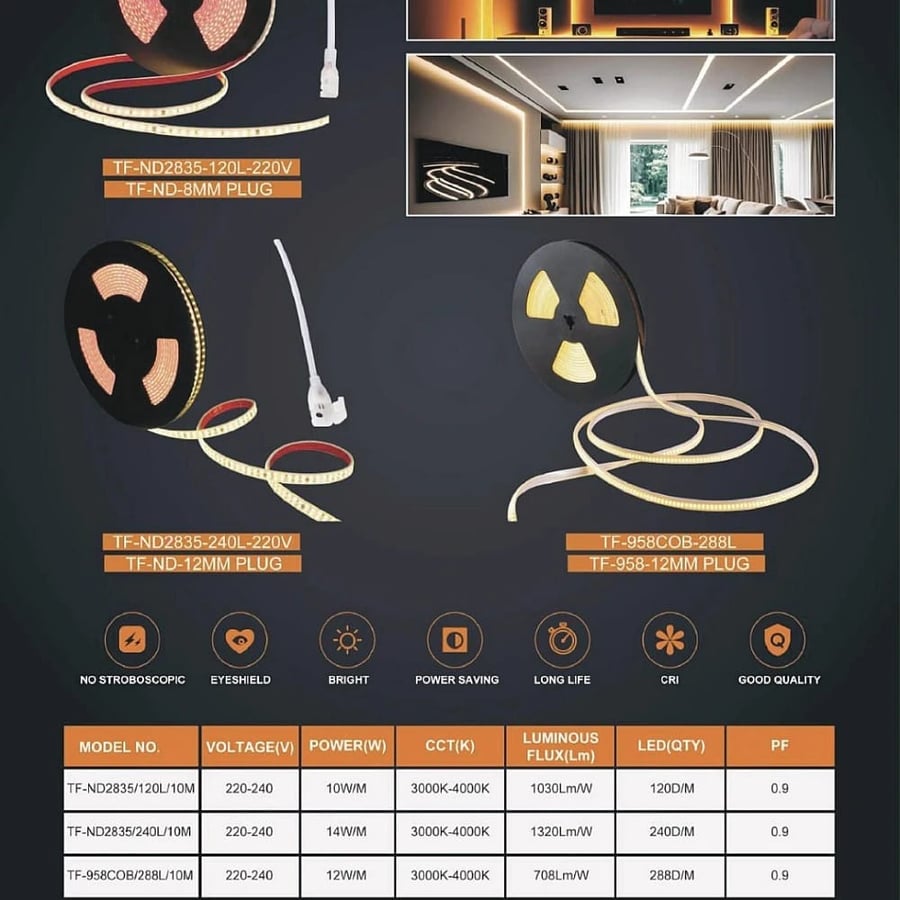 شريط ليد زينة لاصق أصفر 3000K – 120 شريحة/م، 10 متر، يعمل مباشرة على 220V بدون محول، توفل