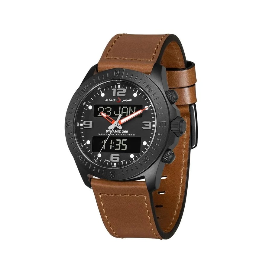ساعة الفجر داينمك 360 بإطار أسود وسوار جلد بني