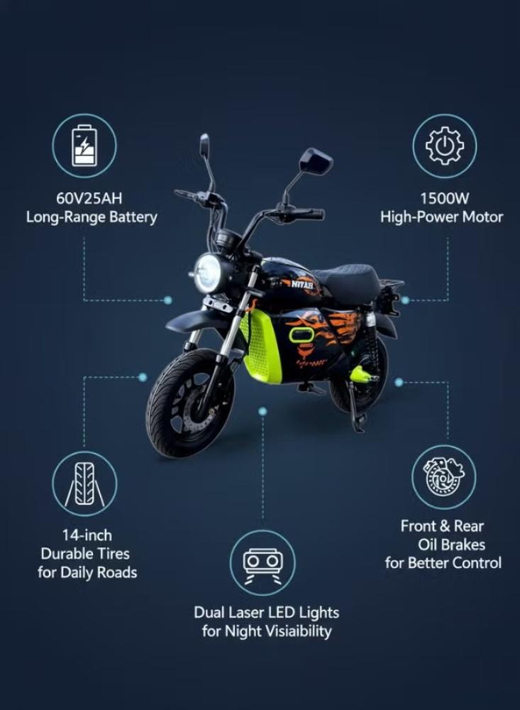 سكوتر كهربائي للكبار ببطارية 60V25AH وقوة 1500W مع كفرات عريضة 14 إنش وإنارات ليزر مزدوجة وفرامل زيت