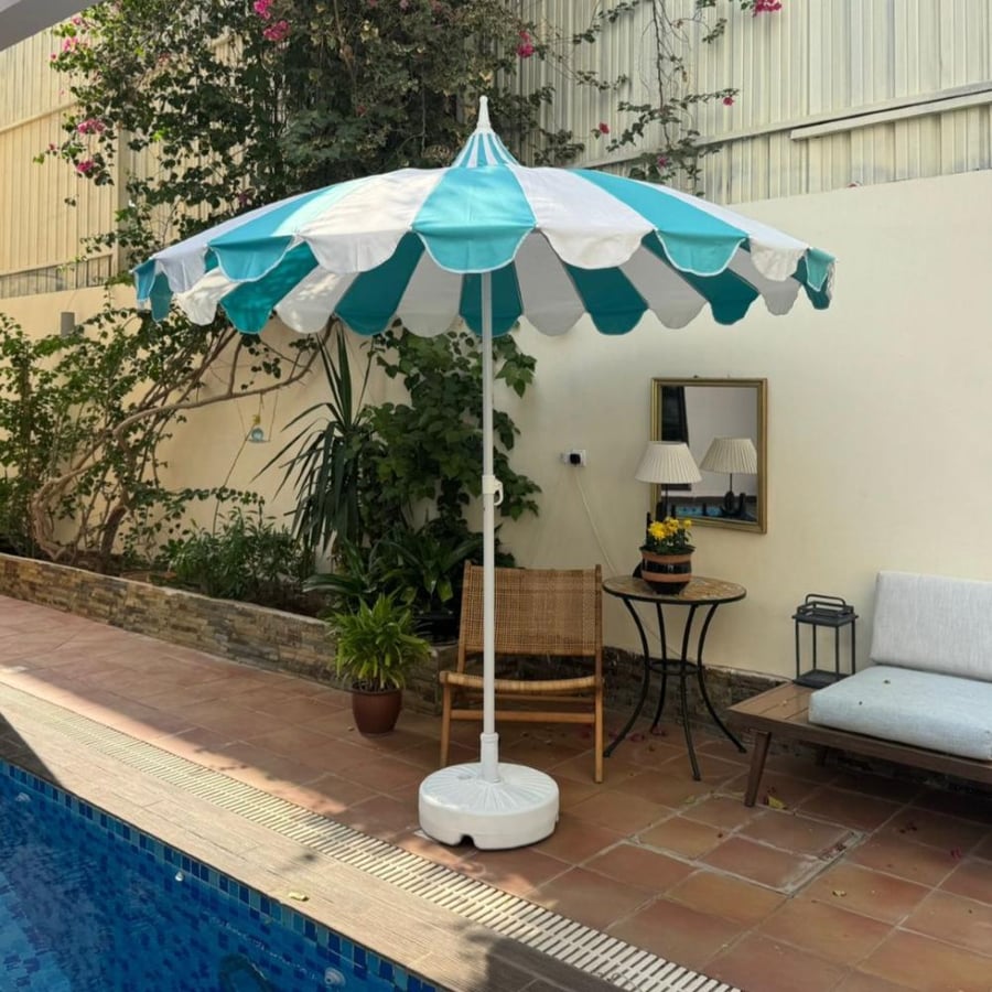 Sky blue striped umbrella | includes the stand