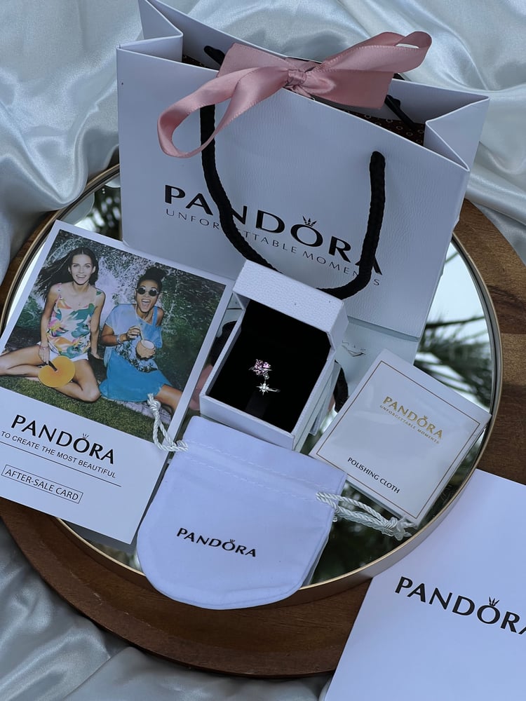 خاتم باندورا Pandora فضي كرستالة وردي الجوهرة ونجمه ماستر كواليتي