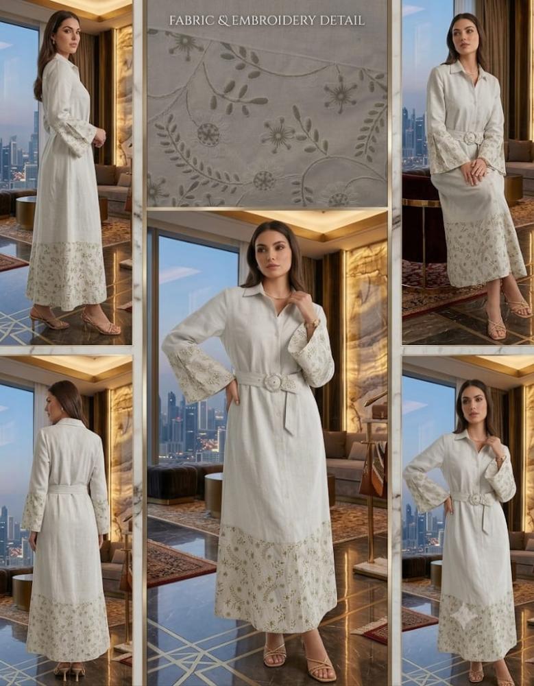 ثوب فخم ثقيل بيج بتطريز يدوي اخضر فاتح