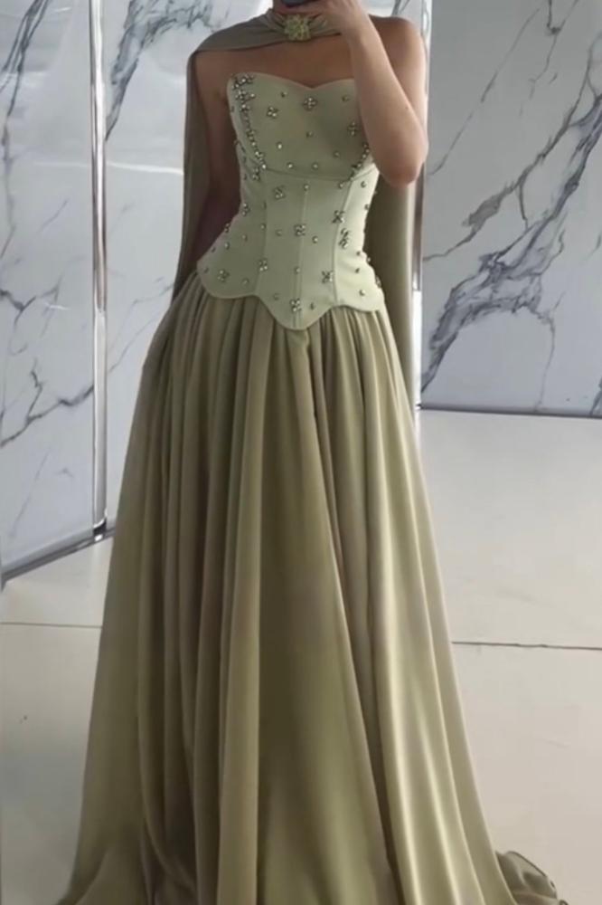 Shifon dress with two shiny colors and mauve, luxurious hand embroidery, and elegant corset