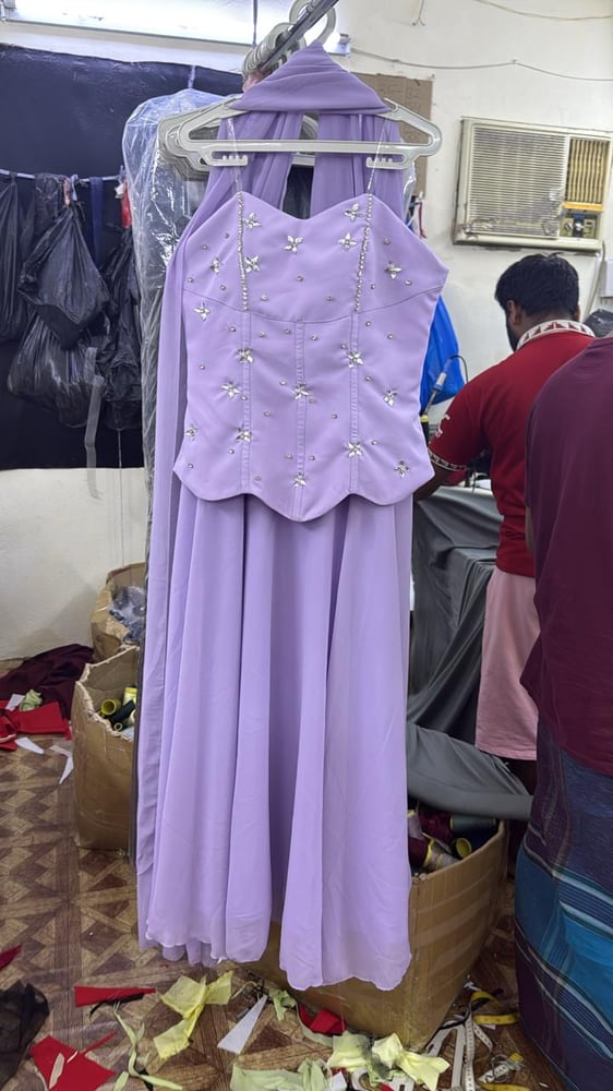 Shifon dress with two shiny colors and mauve, luxurious hand embroidery, and elegant corset
