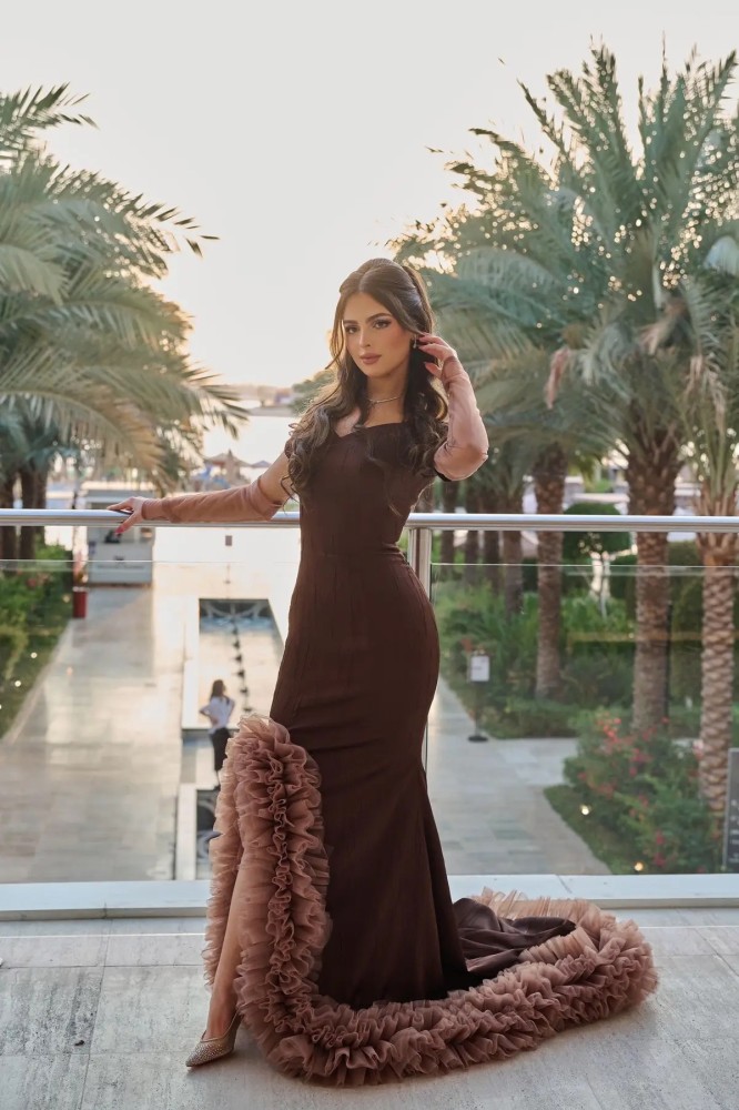 A brown dress with a luxurious crumpled tulle and sleeves