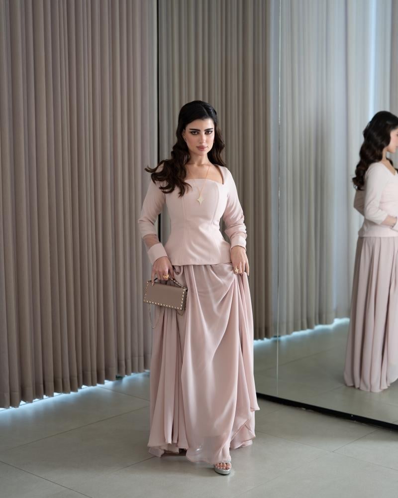 Evening dress, fabric crepe with chiffon and light tulle, with long sleeves