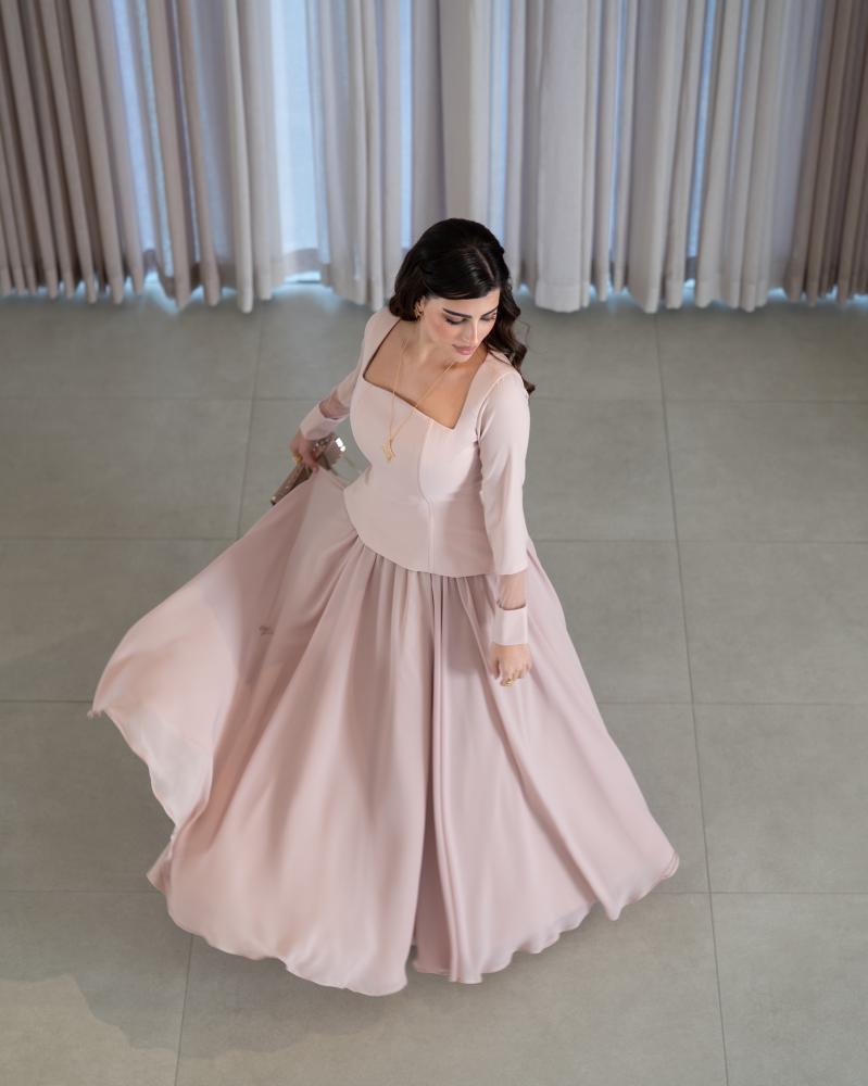 Evening dress, fabric crepe with chiffon and light tulle, with long sleeves