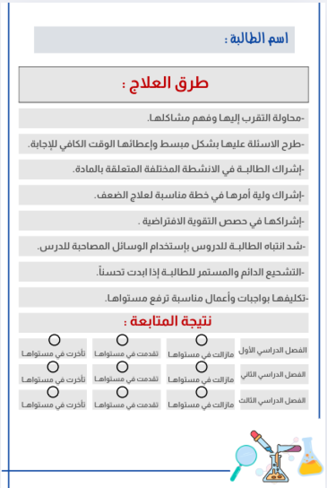 خطة علاجية للضعيفات في العلوم ( لا تحتوي على اوراق عمل )
