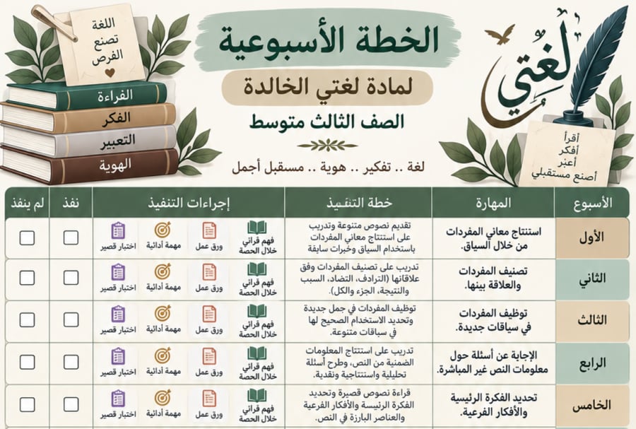 خطة اسبوعية ثالث متوسط لغتي