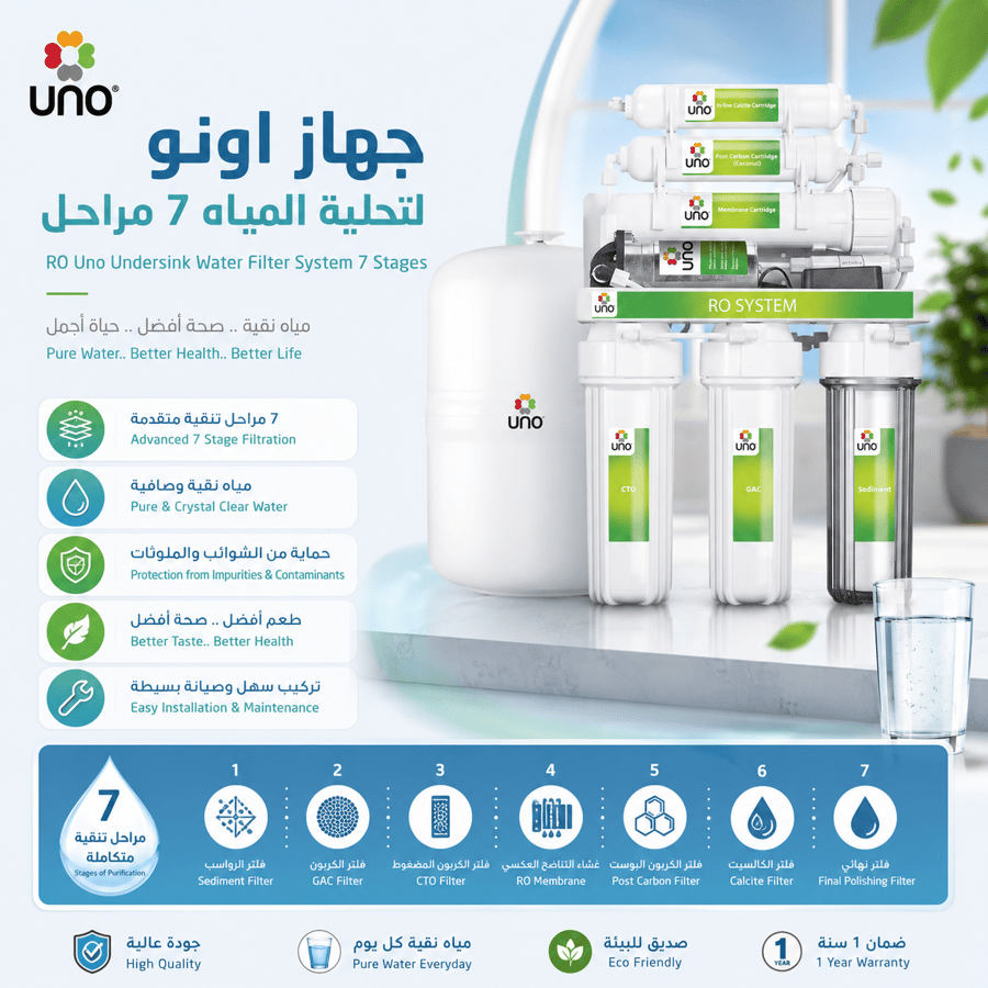WATER PURIFIER TAIWAN جهاز تحلية اونو منزلي 7مراحل 75جالون/اليوم - UNO
