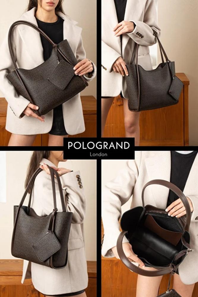 POLOGRAND London حقيبة كتف نسائية أصلية فاخرة من الجلد الناعم، كبيرة الحجم، بتصميم أنيق مزدوج الأحزمة، مع محفظة