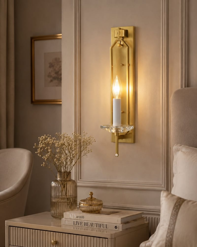أبليك جداري نيو كلاسيك ذهبي بزجاج وكريستال (52×10 سم) E14