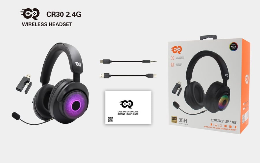 سماعة الألعاب اللاسلكية CR30 2.4G RGB - وضع ثلاثي منخفض الكمون (دونجل 2.4 جيجاهرتز وبلوتوث)، GAMING HEADSET CR30 BLACK