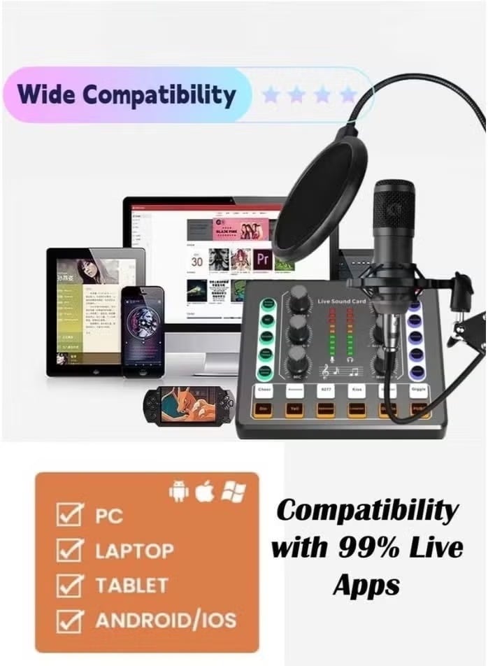 بطاقة صوت M8 Live مزودة بشريحة معالجة الإشارات الرقمية (DSP) واثني عشر صوتًا محيطيًا وأربعة أنواع من تغييرات الصوت. مثالية للبث المباشر، وخلاط الدي جي، وتسجيل الموسيقى، والجيتارات، وتطبيقات TikTok وFacebook وYouTube، بالإضافة إلى منفذ USB وبلوتوث. اللون أ
