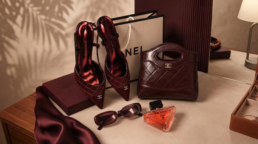 طقم شانيل برغندى شنطة وكعب ونظارة وعطر