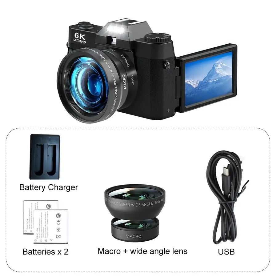 كاميرا رقمية 6K 64MP بشاشة قابلة للطي 16X واي فاي