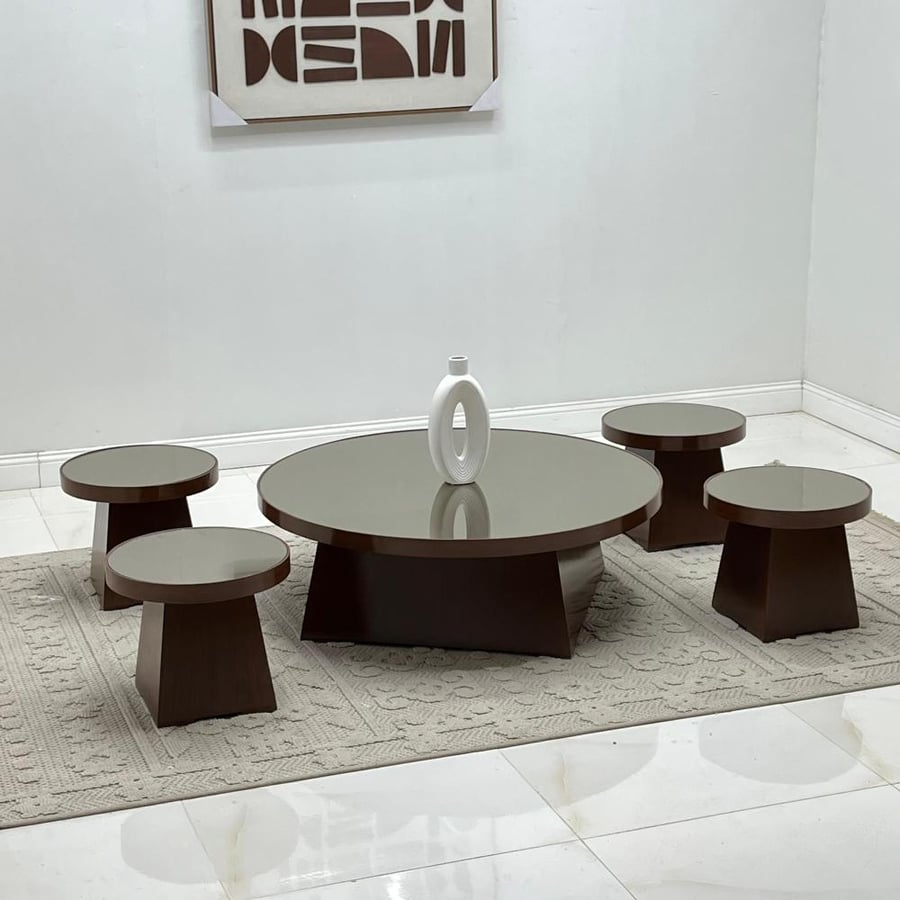 طقم طاولات بني سطح زجاج