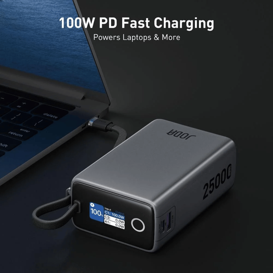 JODA NEON portable battery with 100-watt power, 25000 mAh capacity, with Type-C port and USB port, with integrated Type-C cable