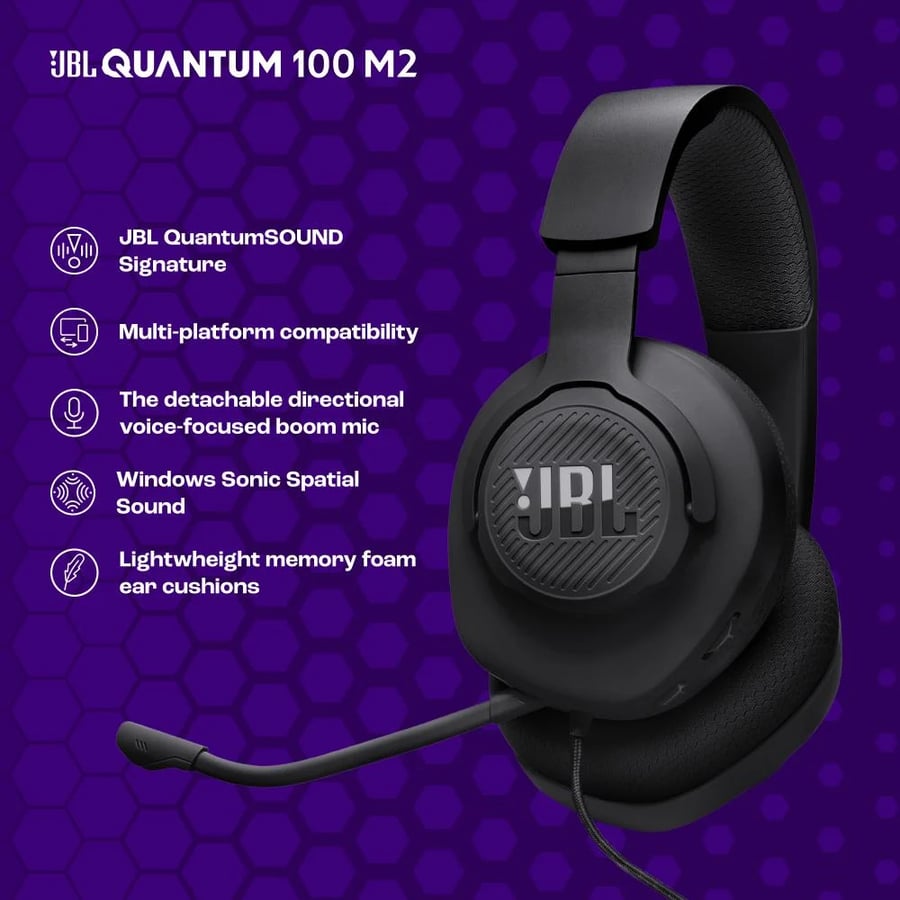 JBL Quantum 100M2 gaming headset with removable microphone and mute option - black